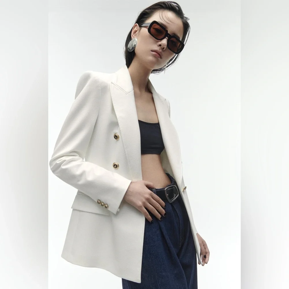 ZARA Oyster White Tailored Double Breasted Blazer Gold Button Sz M NWT - Picture 3 of 6